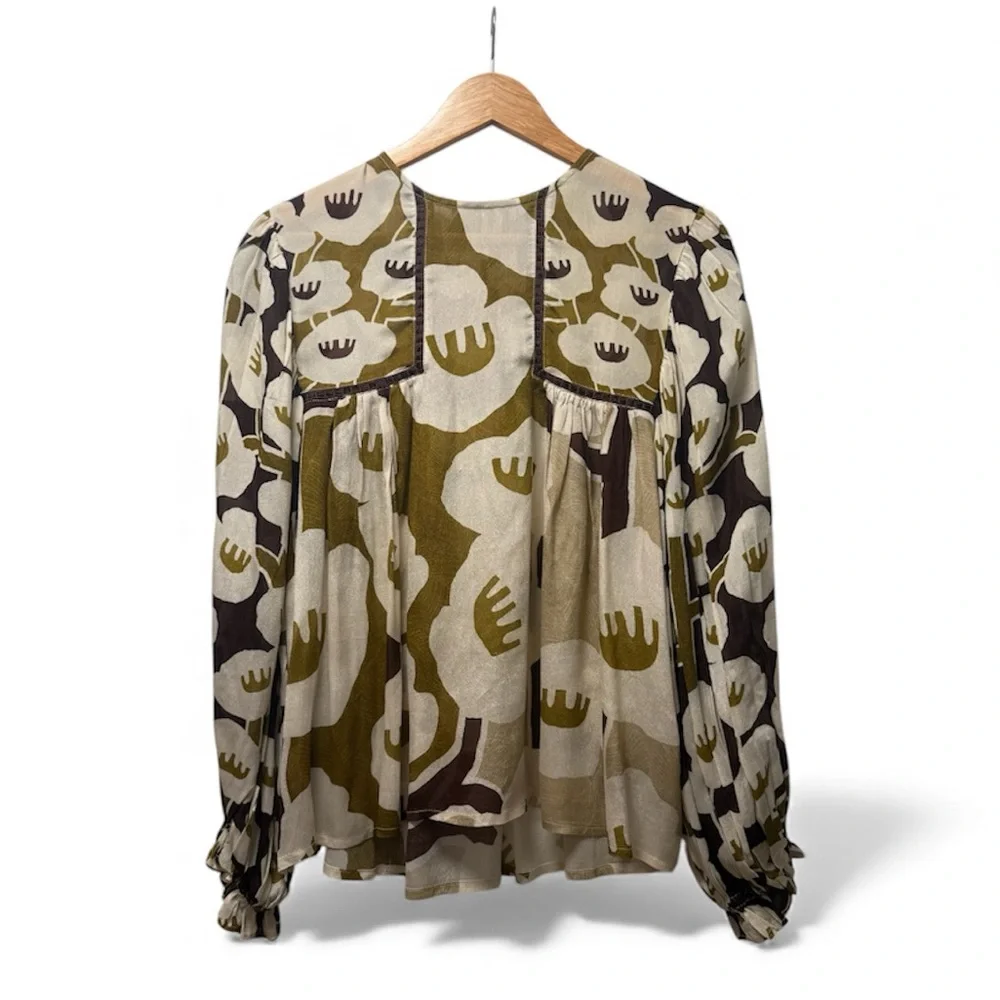 Anthropologie x BL^NK London “Miranda” Peasant Blouse Brown & Ivory Floral XS - Picture 1 of 6